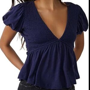 Free People Navy Smocked V-Neck Peplum Top
